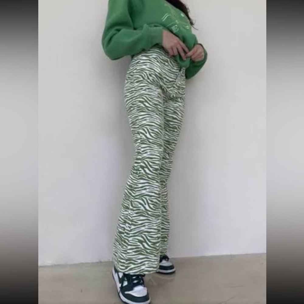 Green Zebra Print Flare Pants
